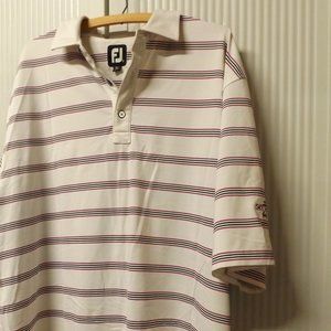 FJ, MEN'S WHITE PULLOVER GOLF SHIRT WITH BLACK AND PINK STRIPE, POLY BLND